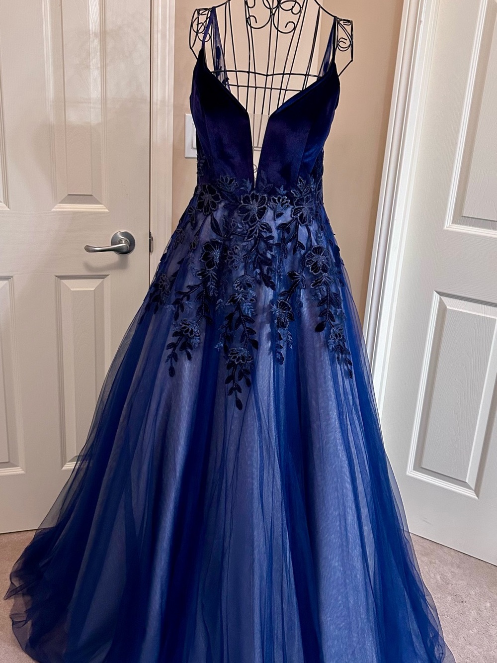 madison james Midnight Blue V-Neck A-Line Prom Dress with Floral Appliqué